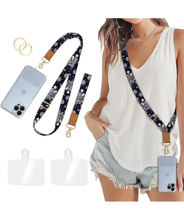Phone Lanyard Crossbody Strap, Skeleton Flower Cell Phone Lanyards for Around the Neck Wristlet Shoulder, Funny Skull Gothic Wrist Strap Adjustable Accessories Travel Essentials