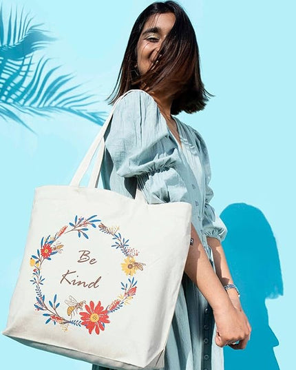 Ecoright Aesthetic Canvas Tote Bag for Women Large Zipper Tote Bags with Pocket, Womens Tote Bag for Yoga, Work, Beach