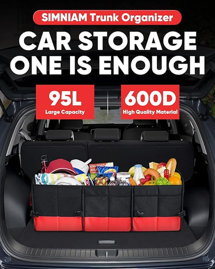Simniam Large Trunk Organizer for Car, Foldable Multi Compartment Car Trunk Organizer with 2 Retractable Straps, Suitable for All Kinds of Cars, SUV, Minivan - 4 Compartments Red