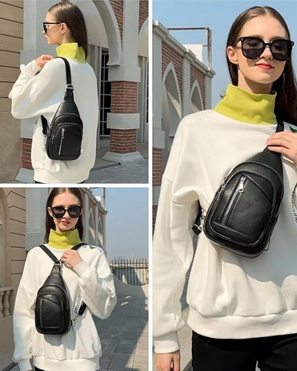 Sling Bag Crossbody Backpack - 2 in 1 Leather Cross Body Bag Fanny Pack with 2 Removable Straps