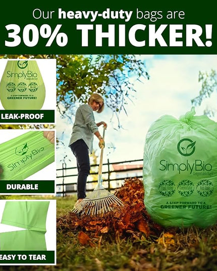 Simply Bio 30-33 Gallon Compostable Trash Bags Liners Flat-Top, Heavy Duty Extra Thick 1.57 Mil, 124.92 Liter, 30 Bags, Lawn, Yard, and Restaurant Use, ASTM D6400, US BPI, OK Compost Home Certified