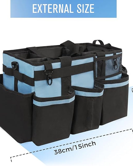 Wearable Cleaning Caddy, Cleaning Caddy Supplies Organizer with Handle & Shoulder Straps for Housekeepers, Under Sink & Car Cleaning Tool Organizers Bag with 4 Foldable Divider (Blue)