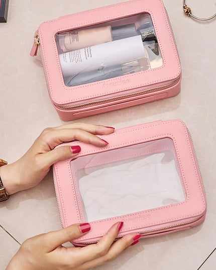 Aveniee Clear Makeup Bag Organizer Set,Portable Travel Toiletry Case for Women, Vegan Leather Cosmetic Pouch Car Bag for Essentials 2pcs,Middle & Large,Pink