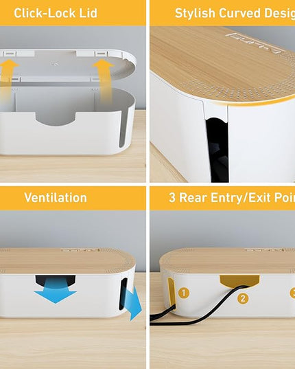 D-Line Cable Management Box, Power Strip Holder, Floor Outlet Hiders, Desk Cord Organizer, Cover TV Wires, Wire Storage, Extension Hider, Office Concealer for Cords - Small, Wood-Effect Lid