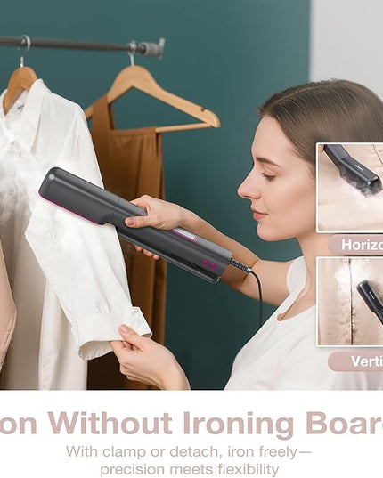 Newbealer 3in1 Clamp Travel Steam Iron with Global Voltage, 100-240V Clothes Steamer, Dry Ironing & 2 Steam Levels, Non-Stick Ceramic Soleplate, Auto-off, Self Cleaning, w/Detachable Clamp (Ashpink)