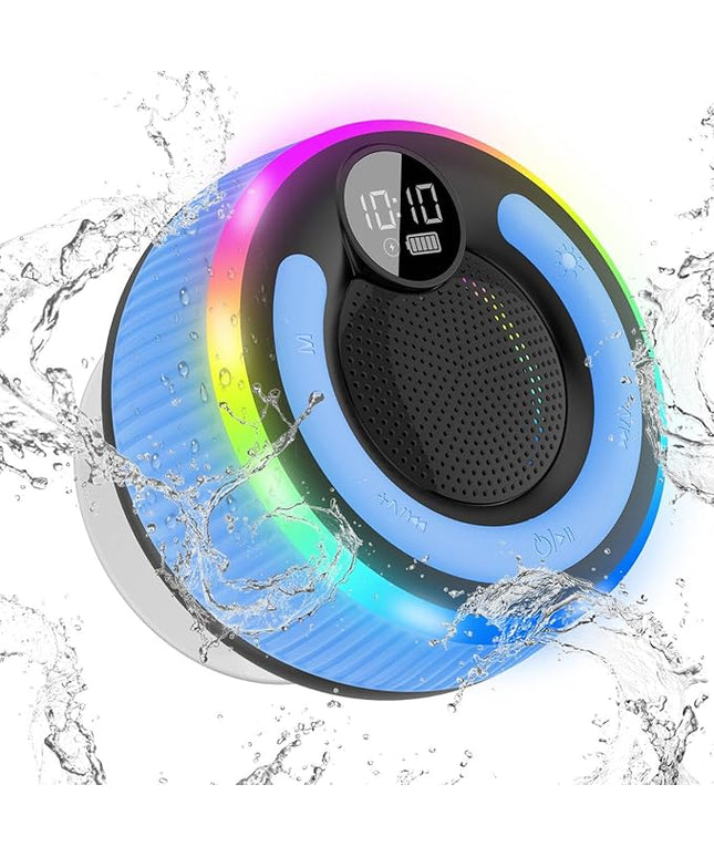 Bluetooth Speaker, HD Stereo Sound Shower Speaker, IPX7 Waterproof, Digital Display Portable Speaker with Suction Cup, LED Light, Small Wireless Speakers for Outdoor Party Beach Bathroom, Blue
