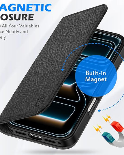 SHIELDON Real Leather Wallet Case for iPhone 17 Pro 6.3 Inch 5G 2025 | Magnetic Cover | RFID Blocking Card Slots | Kickstand | Folio Protective Phone Shell | Women Men | Pebbled Black
