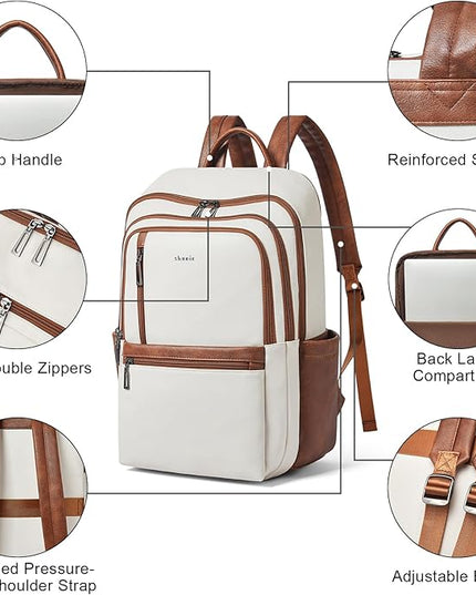 Shrrie 17 inch Leather Laptop Backpack for Women, Large Travel Backpack with 6 Compartments, Computer Backpack Purse for Work College