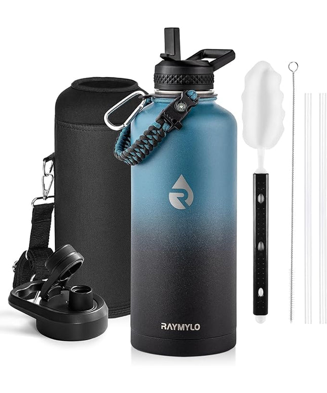 Insulated Water Bottle 87 oz, Triple Wall Vacuum Stainless Steel (Cold for 48 Hrs), Leak Proof & Non-BPA, Modern Water Flask Jug with Paracord Handle & Straw Spout Lids, Indigo/Black