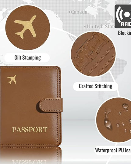 Passport Holder with Airtag Slot Cards Cash Air Ticket Pocket, Travle Gifts for Women Men RFID Blocking Wallet, Passport Book Cover Case Brown