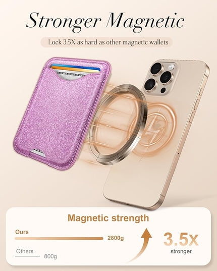 Shorogyt Compatible with Magsafe Wallet Magnetic Card Holder - Glitter Purple Phone Wallets for Women Teen Girls for iPhone 17/16/15/14/13/12 Series Slim for Apple Mag RFID Magnet, Fit 3 Cards