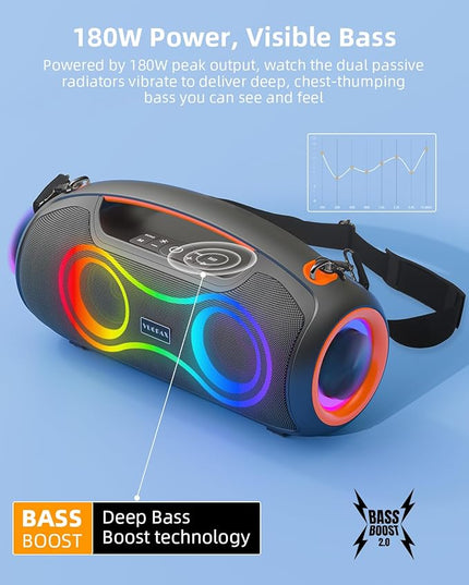 Portable Bluetooth Speaker Wireless, 180W Max Loud Waterproof Speakers, Bass Boost Boom Box for Party and Outdoor, w/2*Subwoofer, 2*Tweeter, DSP, IP65, 24H, TWS, TF, USB, AUX