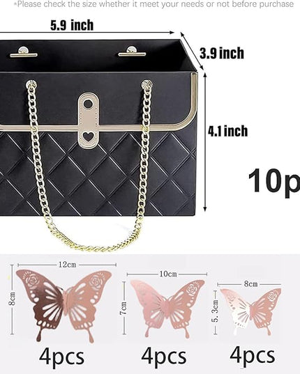 JHXTZ 10 Pack Flower Paper Gift Bags with 12pcs Rose Gold 3D Butterfly Decoration, Portable Floral Handbag Box with Metal Chain, Florist Carrier for Valentine's Day Birthday Gifts (Black)