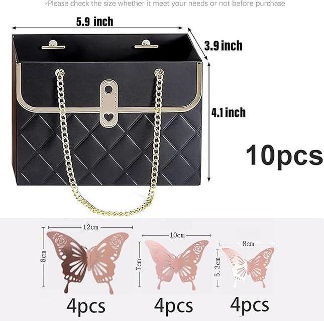JHXTZ 10 Pack Flower Paper Gift Bags with 12pcs Rose Gold 3D Butterfly Decoration, Portable Floral Handbag Box with Metal Chain, Florist Carrier for Valentine's Day Birthday Gifts (Black)