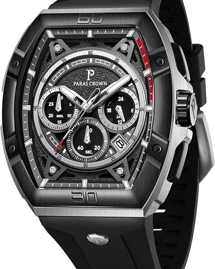 Paras Crown Watches for Men Tonneau 5ATM Waterproof Quartz Luxury Chronograph Analog Men's Wrist Watches Stainless Steel Case Mens Watches