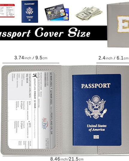 Initial Passport Cover Holder and Luggage tag Set,PU Leather Passport Case Travel Suitcase Tag with Letter Patch, Personalized Travel Luggage Accessories Gifts for Women Grils Teenage Grey Q