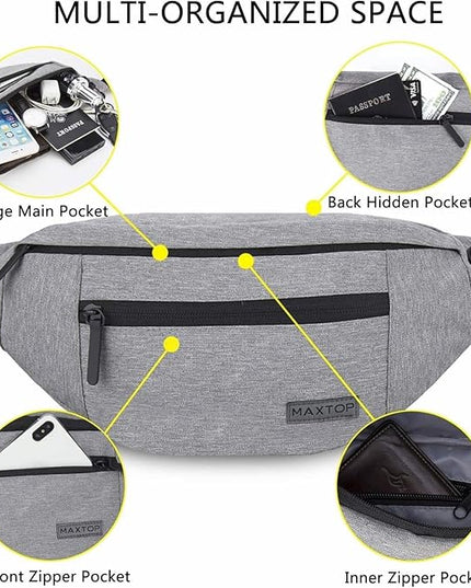 MAXTOP Large Crossbody Fanny Pack with 4-Zipper Pockets,Gifts for Enjoy Sports Festival Workout Traveling Running Casual Hands-Free Wallets Waist Pack Phone Bag Carrying All Phones