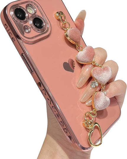 Caseative for iPhone 14 Case,Cute Plating Love Heart Wrist Strap Chain Bracelet Phone Case (Pink)