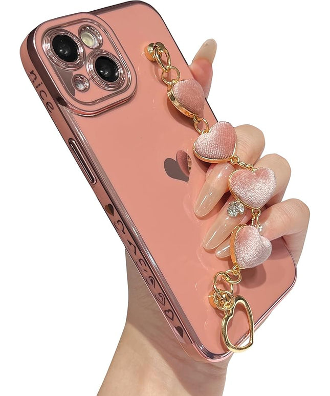 Caseative for iPhone 14 Case,Cute Plating Love Heart Wrist Strap Chain Bracelet Phone Case (Pink)