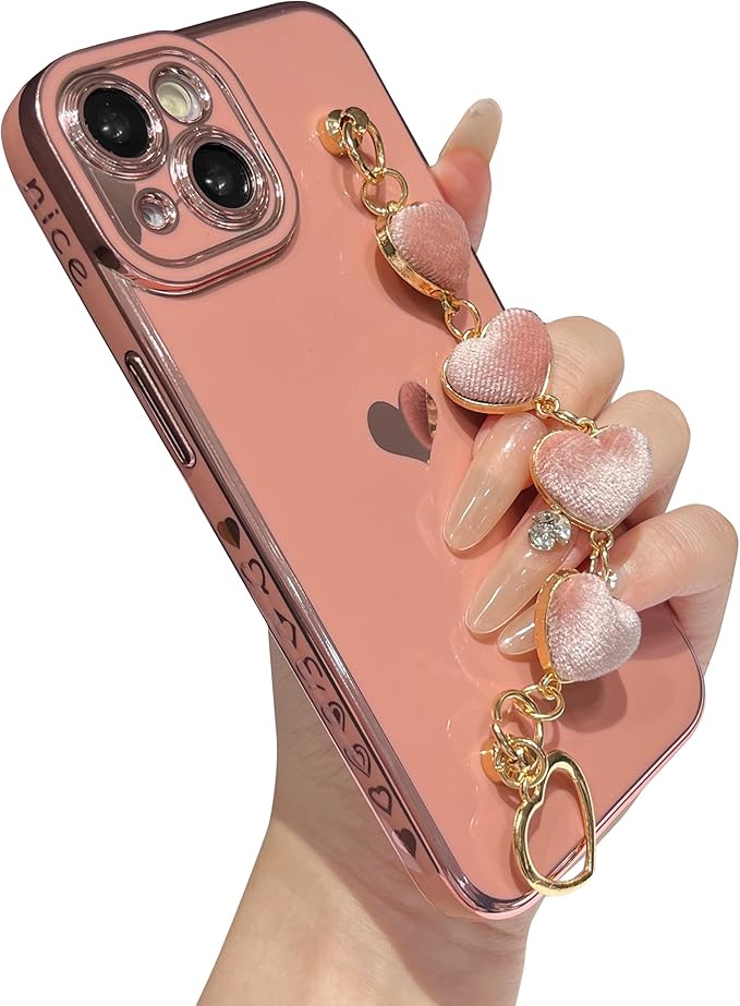 Caseative for iPhone 14 Case,Cute Plating Love Heart Wrist Strap Chain Bracelet Phone Case (Pink)