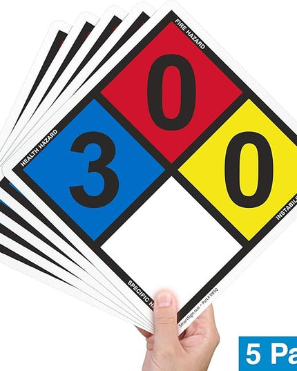 SmartSign NFPA 704 - Ratings (3,0,0) Label | 13.8" Tall (Tip-to-Tip) Diamond Laminated Vinyl, Pack of 5,Black/Blue/Red/Yellow on White,NFPA-0007-NFR-EU-10x10-D5