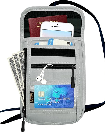 RFID Blocking Travel Neck Wallet Pouch and Passport Holder, Travel Neck Pouch Passport Holder for Women & Men - Gray