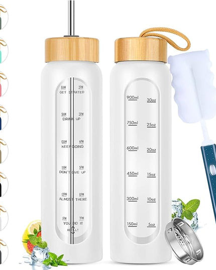 32 oz Glass Water Bottle with Straw - Motivational Time Marker & Silicone Sleeve - Reusable Tumbler Includes 2 Bamboo Lids & Fruit Infuser - 1 Pack