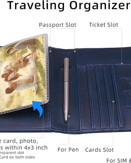 WALNEW Passport Holder for Travel, RFID Passport Cover Wallet for Women Men, PU Leather Passport Book Card Holder Case with Pen (Upgraded, Upgraded-Navy Blue)