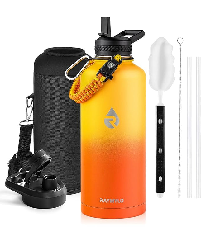 Insulated Water Bottle 87 oz, Triple Wall Vacuum Stainless Steel (Cold for 48 Hrs), Leak Proof & Non-BPA, Modern Water Flask Jug with Paracord Handle & Straw Spout Lids, Ombre Orange