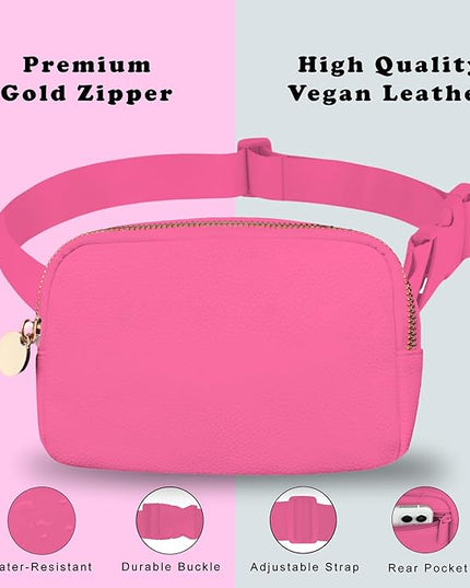 DANCOUR Leather Belt Bag for Women, Hot Pink Fanny Pack Crossbody, Stylish Waist Bag, Large Crossbody Belt Bag, Everywhere Bag for Travel & Daily Use, Trendy Leather Fanny Pack
