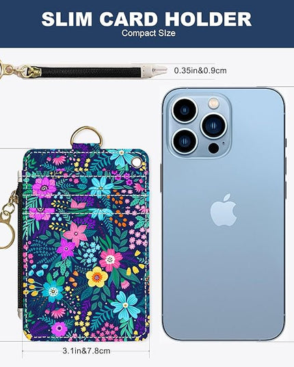 Slim Wallet Credit Card Holder, Purple Floral Print X, RFID Wallet Women Cute Small Front Pocket Wallet With Zipper, PU Leather Thin travel RFID Blocking Card Case ID Window,Ladies Gifts