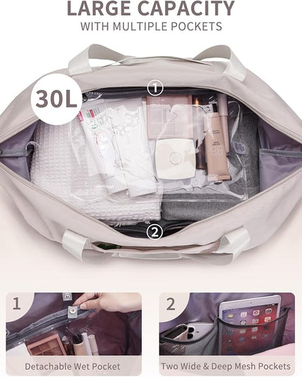 ECOHUB Travel Duffel Bag, Water Resistant Weekender Bag Carry On Bags for Women, Sport Gym Bags for Men, Hospital Bag for Labor and Delivery, Overnight Bag Luggage Bag with Trolley Sleeve, 30L Beige