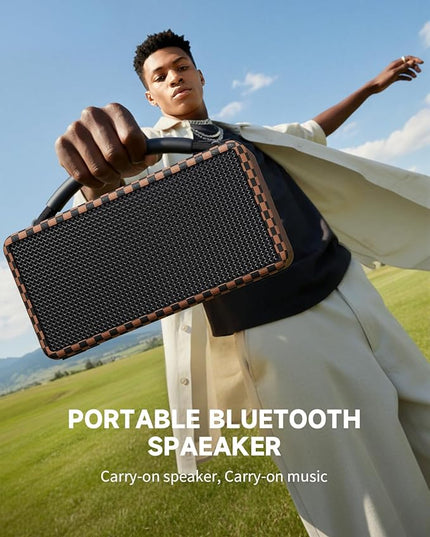 DINDIN Portable Bluetooth Speaker： 80W (Peak), 20H Playtime, Wireless Big Wood Boombox with Deep Bass, Subwoofer, TWS, Large, Loud Speaker for Party, Outdoor, Backyard, Beach, Home,Gift（Black+Brown）