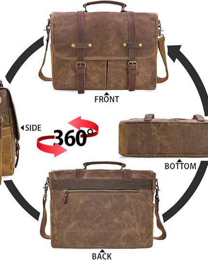 Mens Messenger Bag 15.6 Inch Waterproof Vintage Genuine Leather Waxed Canvas Briefcase Large Leather Computer Laptop Bag Rugged Satchel Shoulder Bag, Brown