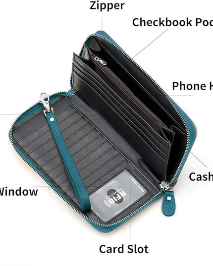 Moflycom Womens Wallet RFID Blocking Genuine Leather Multi Credit Card Large Capacity Zip Around Clutch Travel Purse Wristlet