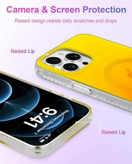 Aesthetic Case for iPhone 12 Pro Max Case for Women Girls, Compatible with Magsafe, Cute Girly Trendy Glitter Sparkly Rainbow Magnetic Protective Phone Cover, Matte Iridescent Yellow & Orange