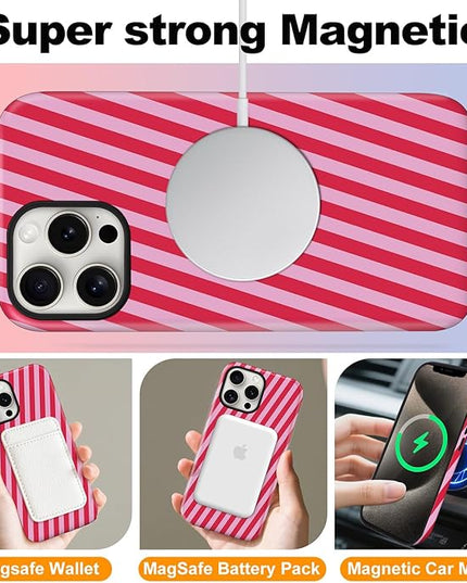 Magnetic for iPhone 16 Pro Case Cute Diagonal Stripes Phone Case, Shockproof Slim TPU and Hard PC Protective Phone Cover Compatible with MagSafe Designed for Women Girls,Red