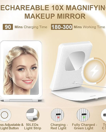Mocado Travel Makeup Mirror with Light, 1x/10x Magnifying Mirror with Light, 3 Colors Lighted Magnifying Mirror, 2000mAh Rechargeable Lighted Makeup Mirror, Dimmable Touch, Memory Function (White)