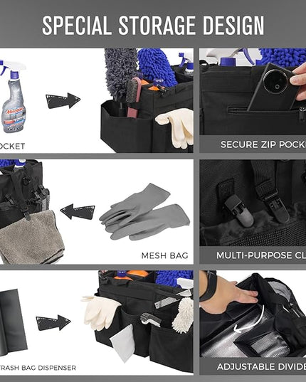 Wearable Cleaning Caddy Organizer with Handle & Shoulder Straps for Housekeepers, Under Sink & Car Cleaning Tool Organizer Bag with 4 Foldable Dividers (Black)