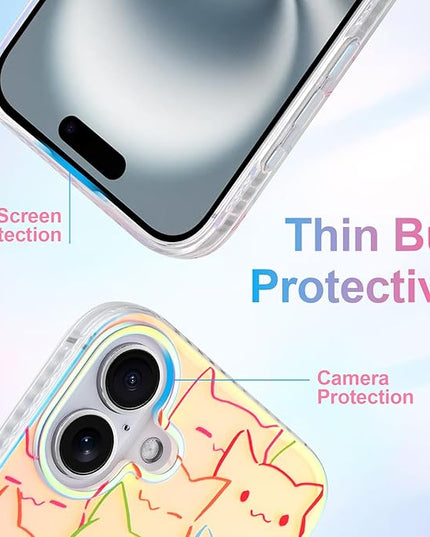Cute Case for iPhone 16 Plus Case for Women Girls Boys [ Compatible with Magsafe ] Iridescent and Black Cats Cat Pattern Design, Kawaii Colorful Animal Soft Bumper Protective Phone Cover