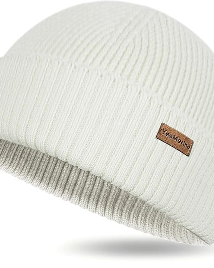 100% Merino Wool Fisherman Beanie for Men Women, Short Knit Cuff Trawler Winter Hat, Warm Soft Outdoor Gift