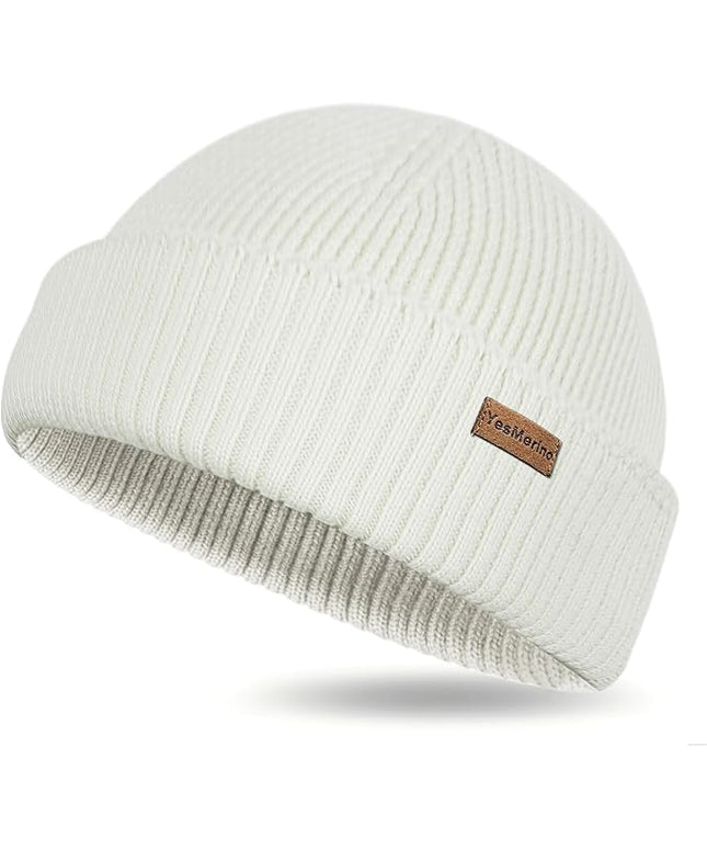 100% Merino Wool Fisherman Beanie for Men Women, Short Knit Cuff Trawler Winter Hat, Warm Soft Outdoor Gift