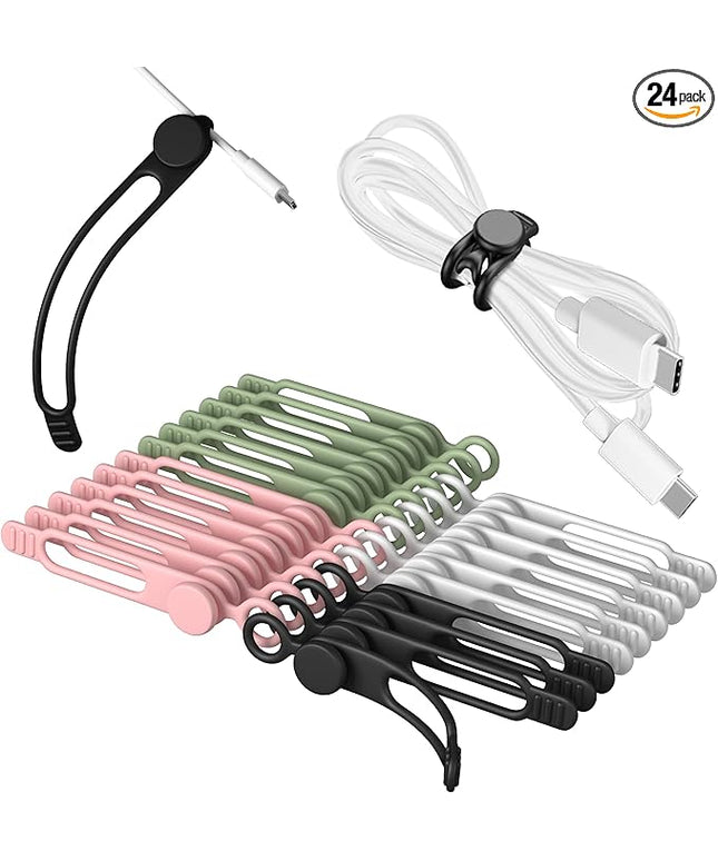 24Pcs Nearockle Silicone Cable Ties 3 Inch Cord Organizer, Reusable Small Zip Ties Cable Organizer for Charging Cords Earphone Computer Wire, Office Desk Cable Management Travel Accessories(4 Colors)