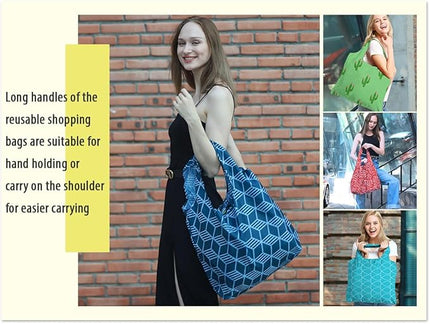 BeeGreen Geometry Reusable Grocery Bags Bulk 6 Packs X-Large, Reusable Shopping Bags Foldable for Groceries, Vegetables, Fruits Watertight Bulk Tote Bags (Cactus Rainbow Polka Dot Red Rose