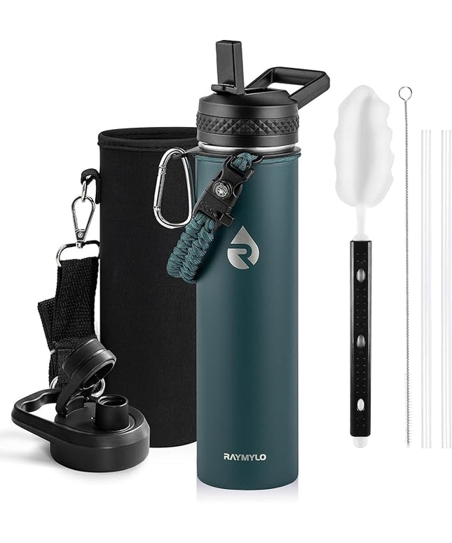 Insulated Water Bottle 24oz, Triple Wall Vacuum Stainless Steel (Cold for 48 Hrs, Hot for 24Hrs), Leak Proof & Non-BPA, 24oz Hydro Water Flask with Paracord Handle & Straw Spout Lids