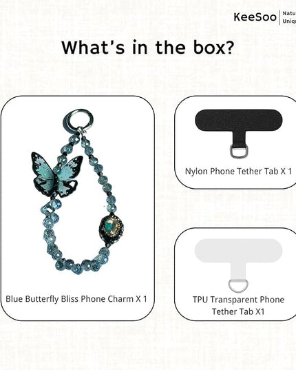 Blue Butterfly Bliss Original Design Phone Charm with 2 Tether Tabs – Stylish, Durable, and Hands-Free Phone Chain – Compatible with iPhone, Samsung, Pixel & More