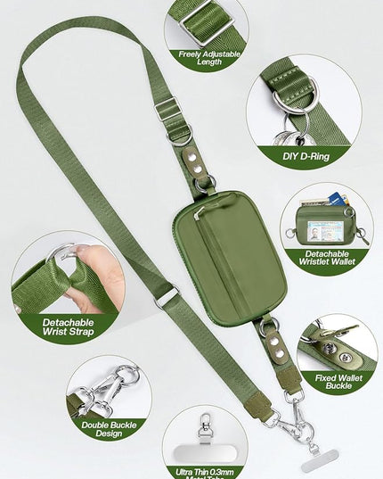 Clip and Go Strap for Phone with Wallet Crossbody Phone Lanyard Adjustable and Detachable RFID Wristlet Wallet with ID Window and Zipper, Green