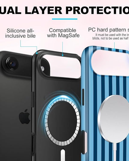 Magnetic for iPhone 17 Air Case Cute Stripes Phone Case, Shockproof Slim TPU and Hard PC Protective Phone Cover Compatible with MagSafe Designed for Women Girls, Lake Blue