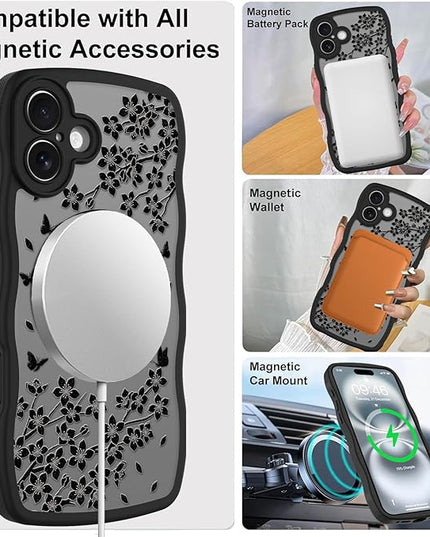 Wavy Case for iPhone 16 Case with Stand [Compatible with MagSafe] Cute Black Cat & Floral & Butterflies Pattern Design, Kawaii 360 Magnetic Ring Kickstand Phone Cover for Women Girls