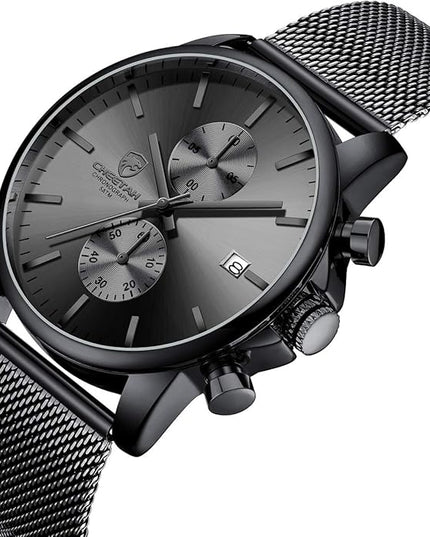 GOLDEN HOUR Mens Watch Fashion Sleek Minimalist Quartz Analog Mesh Stainless Steel Waterproof Chronograph Watches for Men with Auto Date